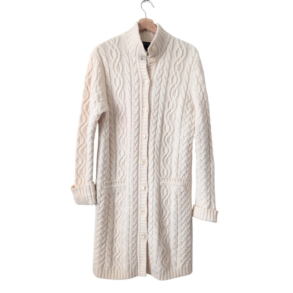 Jones New York Cream Wool Angora Cable Knit Long Fisherman Cardigan‎ Sweater L